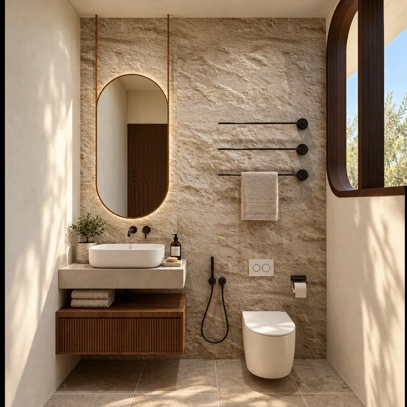 Baño con pared de piedra, espejo ovalado retroiluminado y mueble de madera
