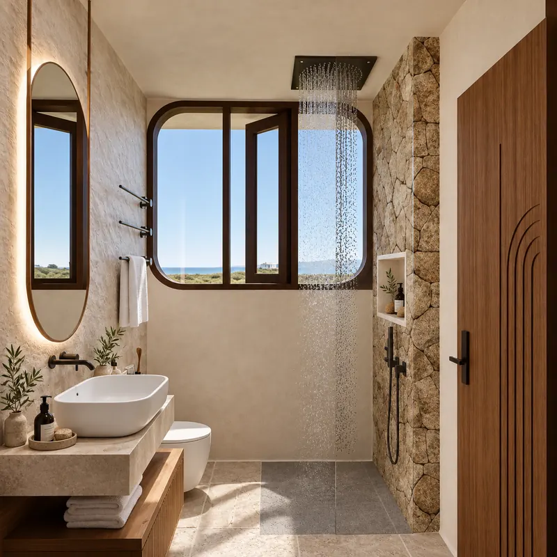 Baño con ventana al mar, lavabo sobre piedra y ducha de lluvia