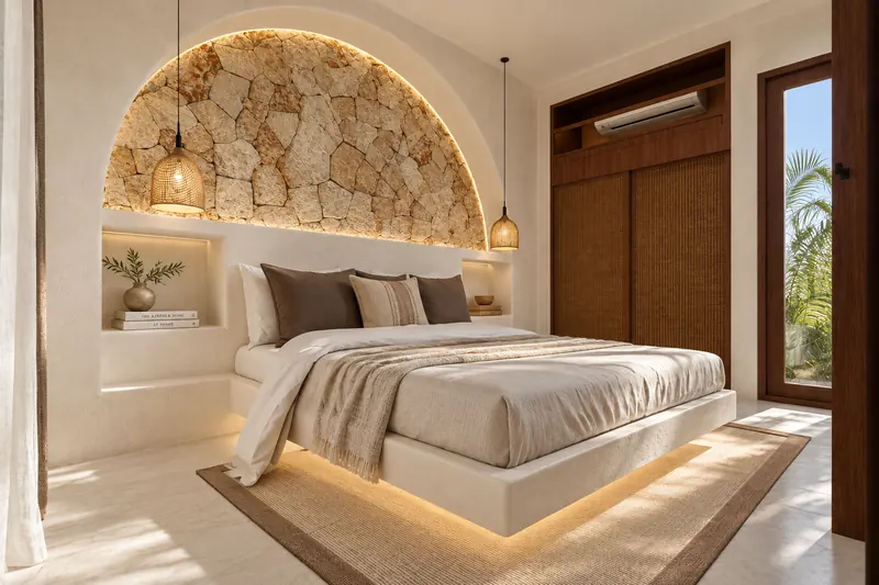 Dormitorio con cabecero de piedra en arco y cama iluminada por debajo