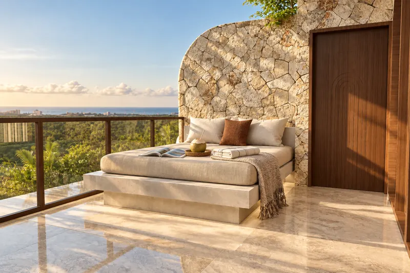 Cama balinesa de obra en la terraza con vistas a la costa