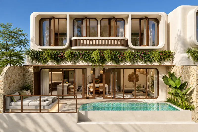 Fachada de una villa con piscina, terraza y jardinera en flor