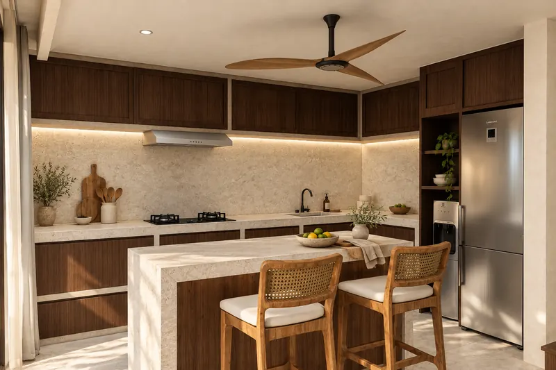 Cocina de madera oscura y piedra clara con isla y taburetes