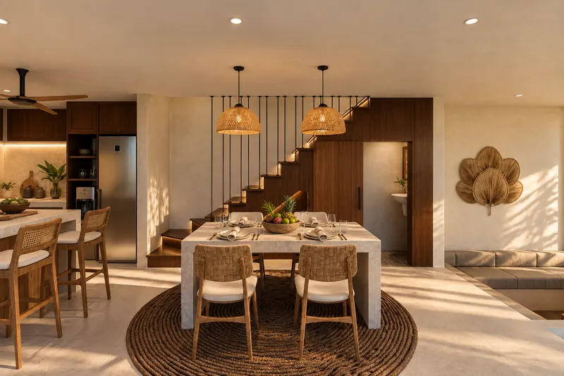 Cocina, comedor, escalera y salón hundido en un mismo espacio