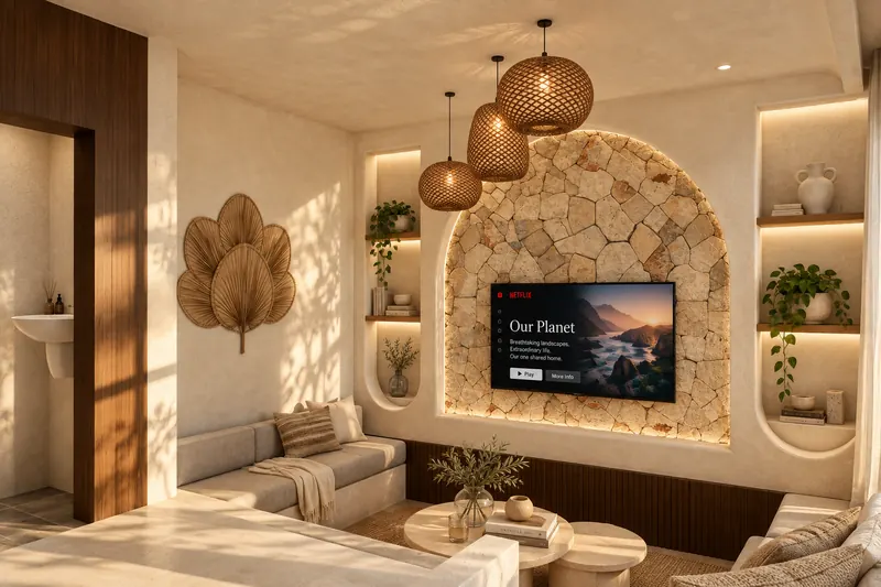 Salón hundido con sofá corrido frente a un arco de piedra