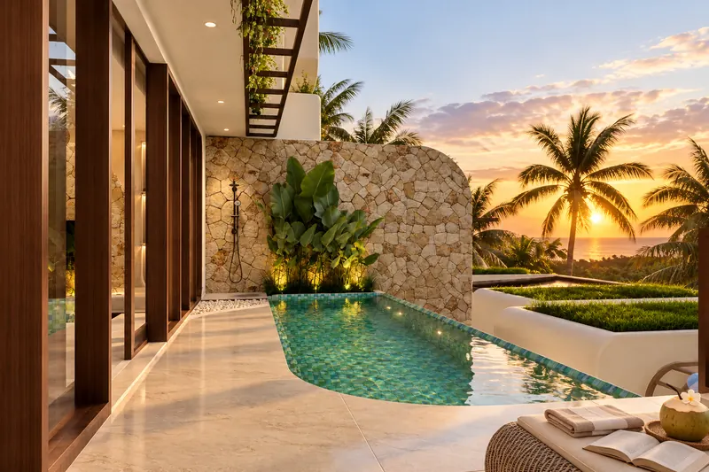Piscina con muro de piedra y el sol poniéndose sobre el océano