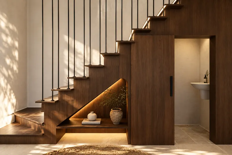 Escalera de madera con hornacina iluminada y puerta del aseo debajo