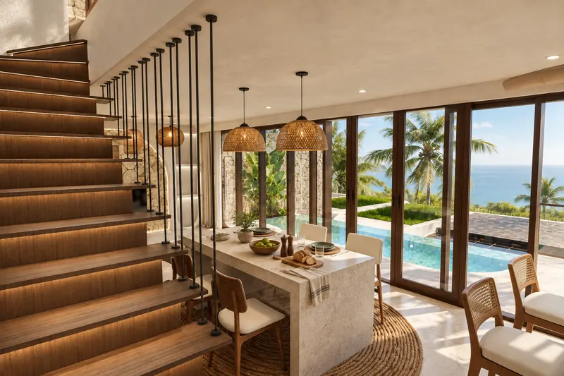 Escalera volada de madera y comedor abiertos a la piscina y al mar