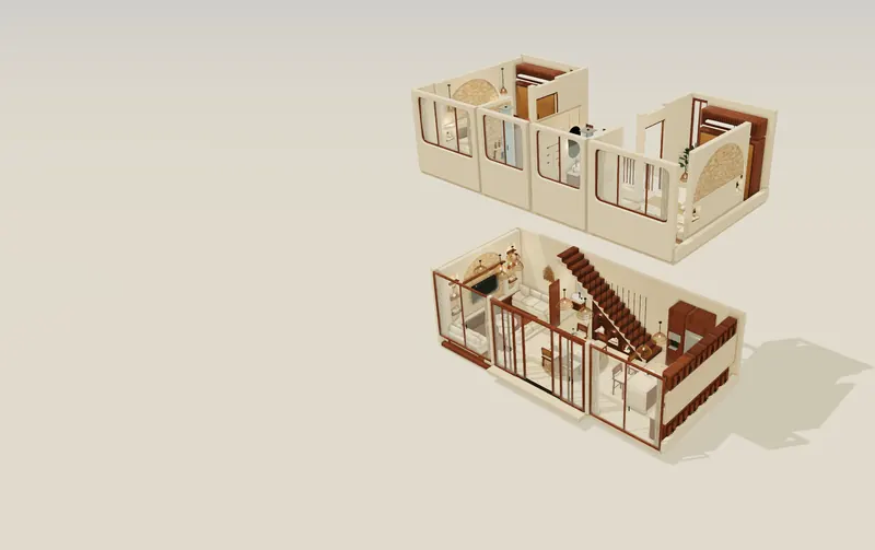 Maqueta 3D de la villa con los muros abiertos: salón hundido, comedor, cocina y escalera