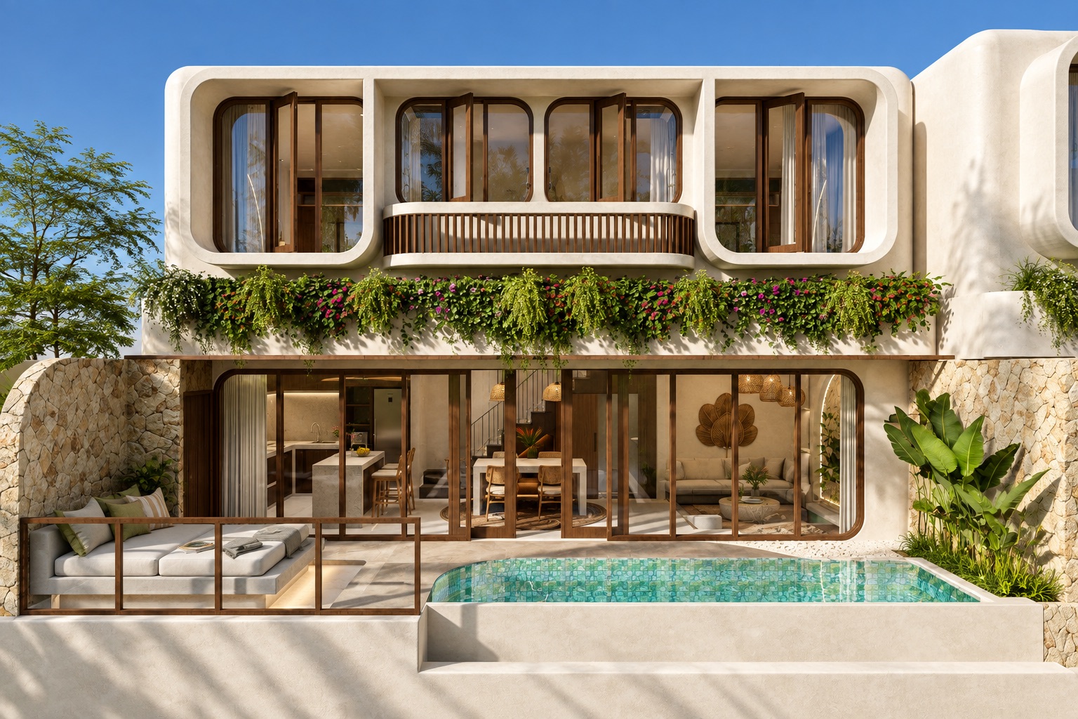 Render de la villa: fachada con marco redondeado, infinity pool y cama balinesa